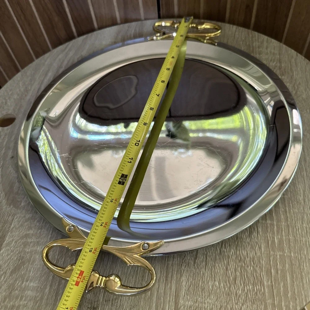 VINTAGE KROMEX USA CHROME ROUND BUTLERS SERVING TRAY GOLD TONE HANDLES Authentic